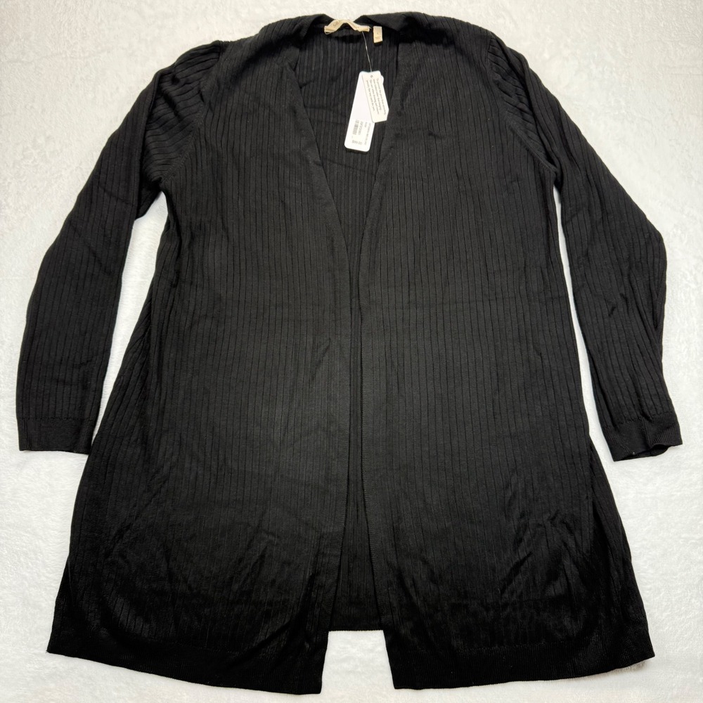 Soft Surroundings Black Cardigan Open Front Ribbed Knit Long Sleeve Size L